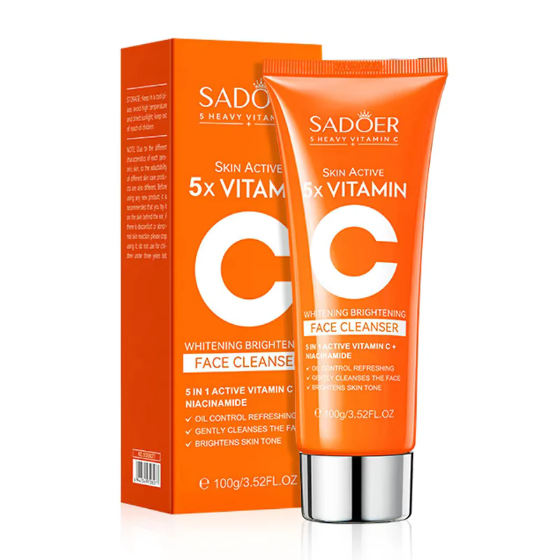SADOER Vitamin C Facial Cleanser orange tube and box for skin brightening and oil control.