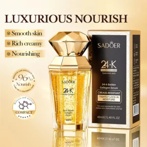 SADOER 24K Golden Collagen Serum bottle and box, showcasing the luxurious firming and hydrating formula.