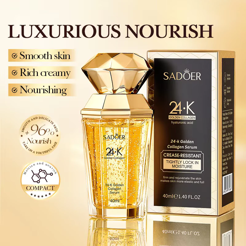 SADOER 24K Golden Collagen Serum bottle and box, showcasing the luxurious firming and hydrating formula.
