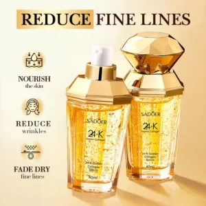 SADOER 24K Golden Collagen Serum bottles highlighting benefits for reducing fine lines and nourishing skin.