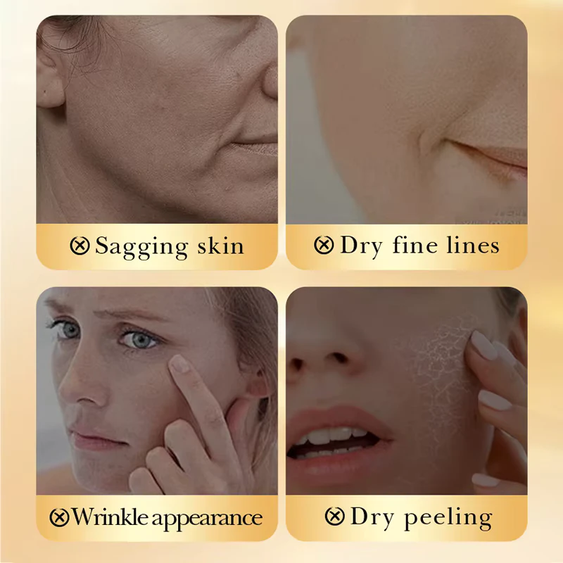 SADOER 24K Golden Collagen Serum targeting sagging skin, wrinkles, fine lines, and dry peeling.