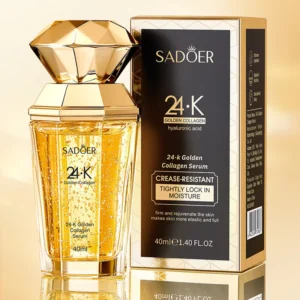 SADOER 24K Golden Collagen Serum bottle and box featuring gold flakes and a faceted cap.