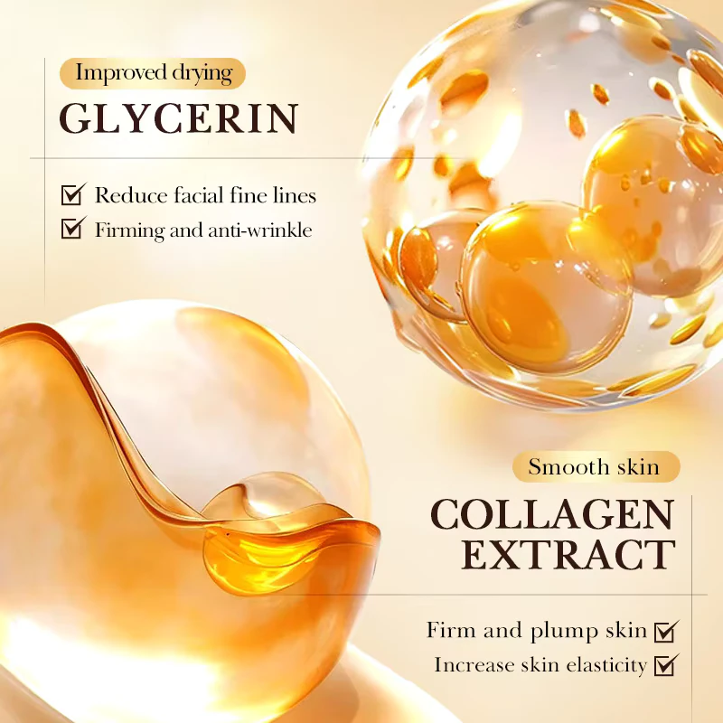 SADOER 24K Golden Collagen Serum infographic highlighting glycerin and collagen extract for skin-firming benefits.