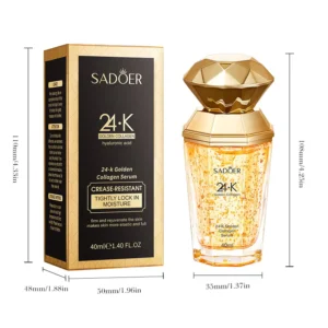 SADOER 24K Golden Collagen Serum bottle and box with precise product dimensions and size measurements.