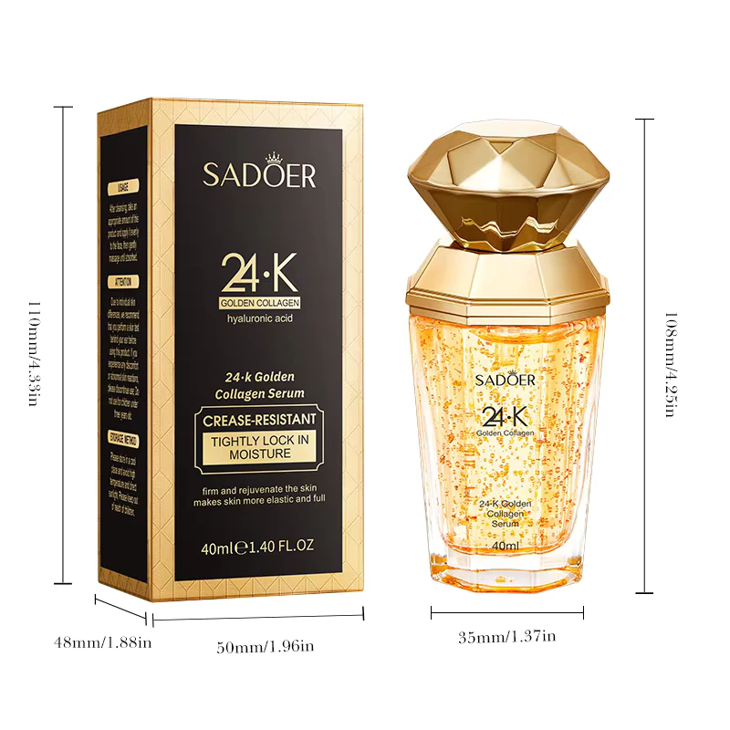 SADOER 24K Golden Collagen Serum bottle and box with precise product dimensions and size measurements.