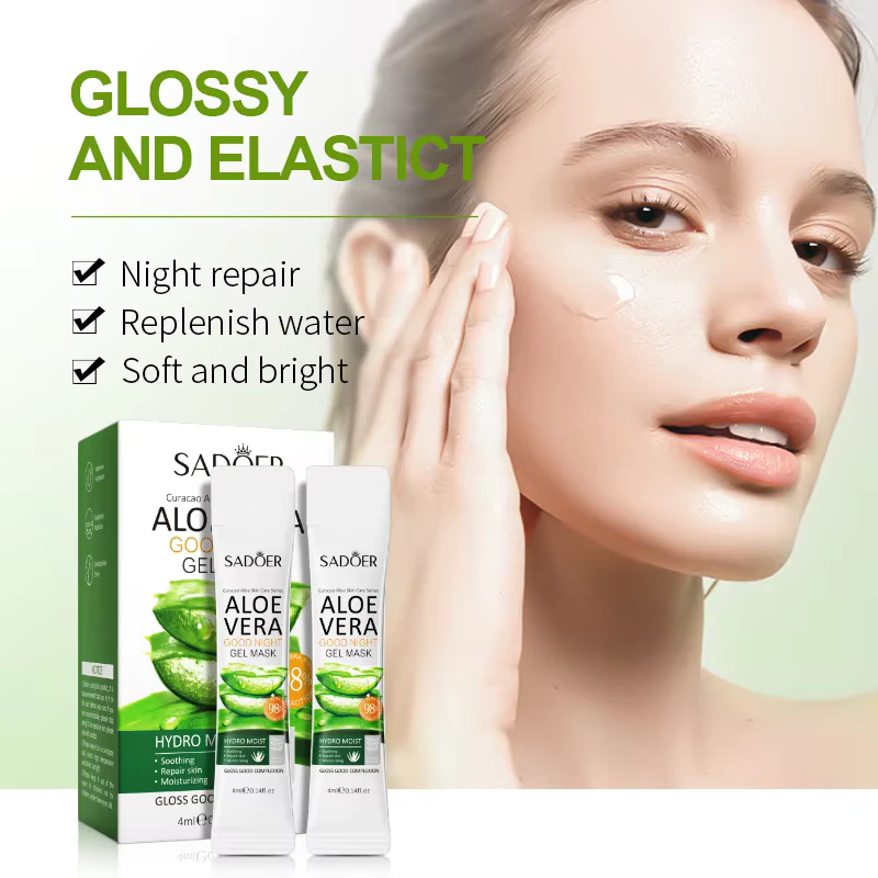 Woman applying SADOER Aloe Vera Good Night Sleeping Face Mask beside product box and sachets.
