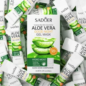 SADOER Aloe Vera Good Night Sleeping Face Mask box surrounded by single-use gel sachets.