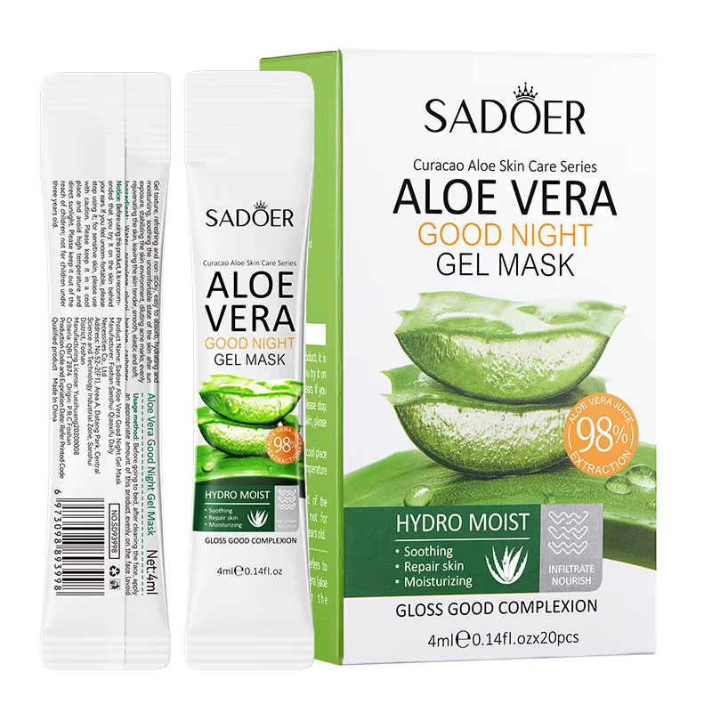 SADOER Aloe Vera Good Night Sleeping Face Mask box and individual 4ml single-use gel sachets.