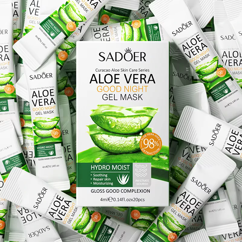 SADOER Aloe Vera Good Night Sleeping Face Mask box surrounded by single-use gel sachets.