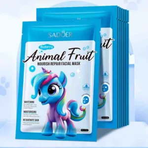 SADOER Animal Fruit Blueberry Nourish Repair Facial Mask featuring a colorful pony character illustration.