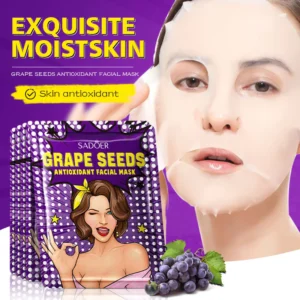 SADOER Grape Seeds Antioxidant Facial Mask featuring product packaging and a woman wearing a mask.