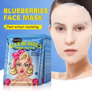 SADOER Blueberries Face Sheet Mask featuring product packaging and a model wearing the mask.