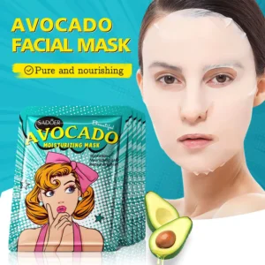 SADOER Avocado Facial Mask packaging and a woman wearing a nourishing fruit-infused sheet mask.