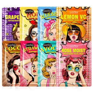 Eight SADOER Assorted Fruit Face Sheet Mask packets in vibrant, retro pop-art style packaging.