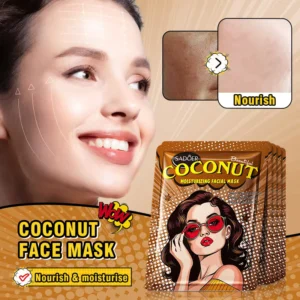 SADOER Coconut Face Mask packaging with a woman demonstrating nourished, hydrated skin results.