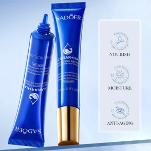 SADOER Caviar Hyaluronic Acid Eye Cream tubes showcasing nourishing, moisturizing, and anti-aging skincare benefits.