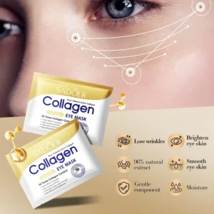 SADOER Collagen Eye Mask Patches packaging with benefit icons for firming and brightening under-eye skin.