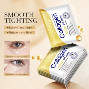 SADOER Collagen Eye Mask Patches packaging with eye close-ups illustrating smoothing and anti-aging benefits.
