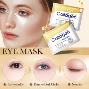SADOER Collagen Eye Mask patches showing anti-wrinkle, dark circle removal, and skin nourishment benefits.
