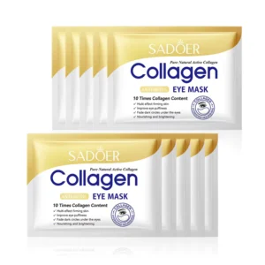 SADOER Collagen Eye Mask Patches in ten gold sachets for anti-aging and firming under-eye treatment.