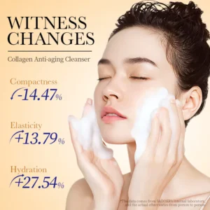 Woman using SADOER Collagen Facial Cleanser showing improved skin hydration, elasticity, and compactness.