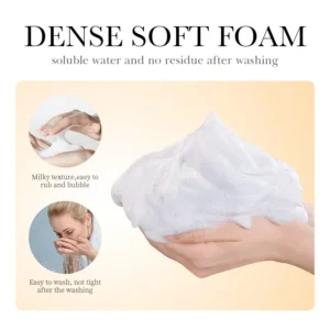 Hands holding the rich, dense foam of SADOER Collagen Facial Cleanser for gentle facial cleansing.