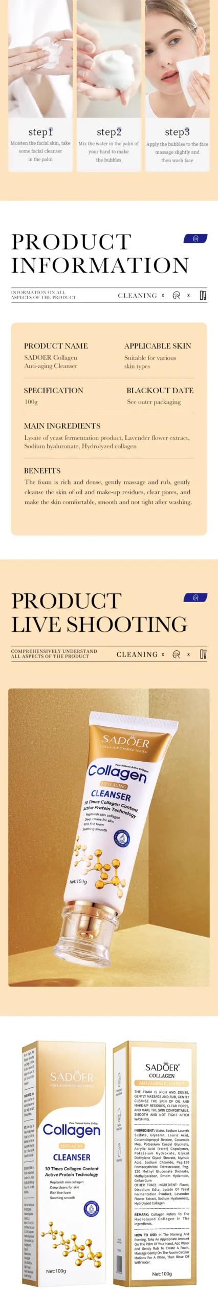 SADOER Collagen Facial Cleanser product information