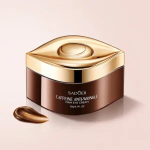 SADOER Caffeine Anti-Wrinkle Eye Cream jar with a shimmering swatch to nourish skin.