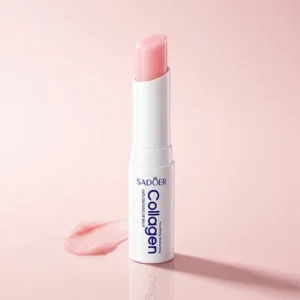 SADOER Collagen Lip Balm with pink swatch on pink background.
