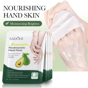 SADOER Avocado Nicotinamide Hand Mask packaging and hand applying the nourishing, moisturizing essence treatment.