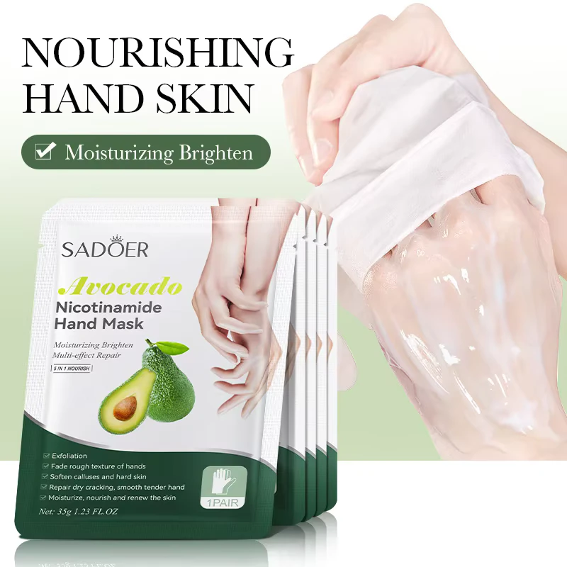 SADOER Avocado Nicotinamide Hand Mask packaging and hand applying the nourishing, moisturizing essence treatment.