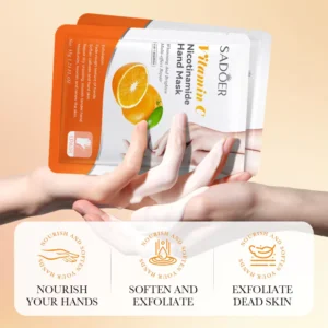 Hands applying SADOER Nicotinamide Fruit Hand Mask with icons highlighting nourishing and exfoliating skin benefits.