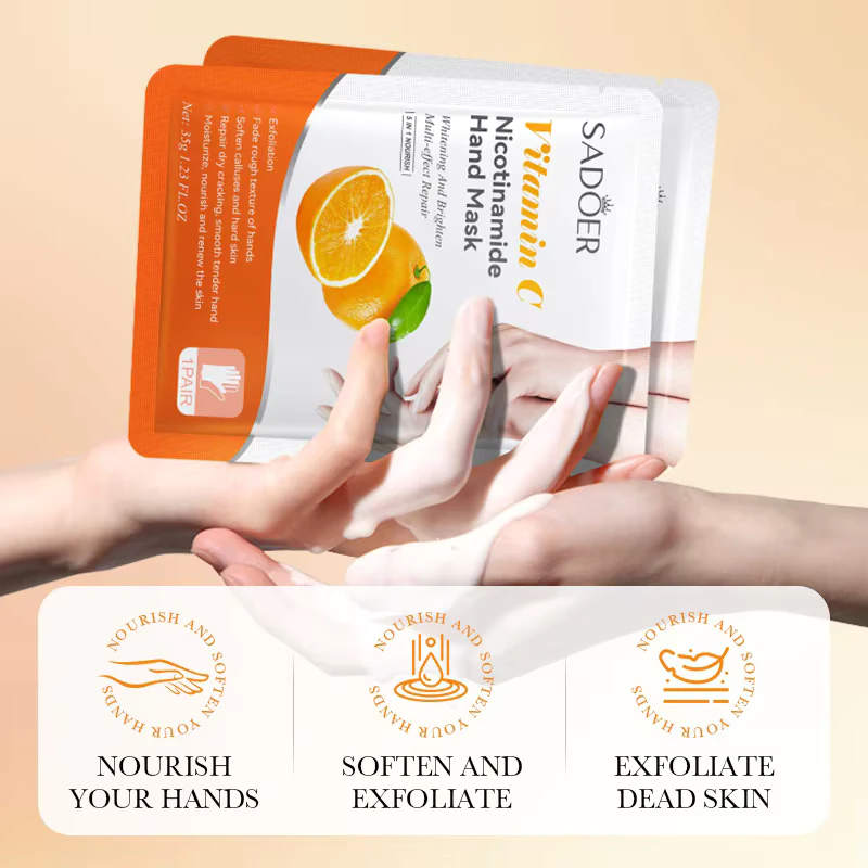 Hands applying SADOER Nicotinamide Fruit Hand Mask with icons highlighting nourishing and exfoliating skin benefits.
