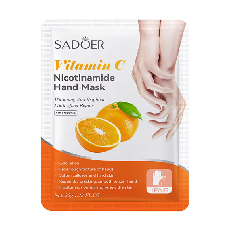 SADOER Nicotinamide Vitamin C Hand Mask packaging featuring orange fruit and moisturizing skin benefits.
