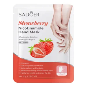 SADOER Strawberry Nicotinamide Hand Mask packaging for moisturizing, brightening, and repairing dry, rough hands.