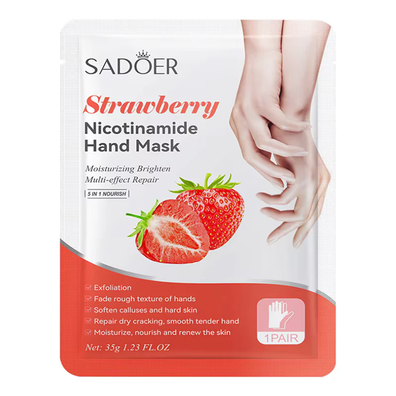 SADOER Strawberry Nicotinamide Hand Mask packaging for moisturizing, brightening, and repairing dry, rough hands.