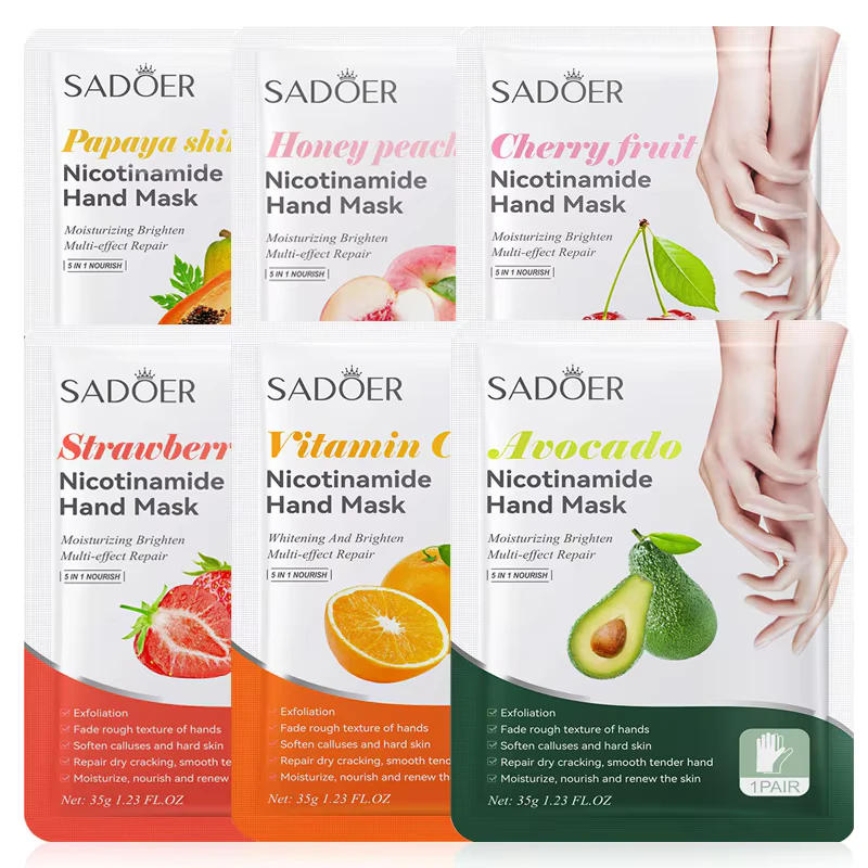 SADOER Nicotinamide Fruit Hand Masks in six varieties: Papaya, Peach, Cherry, Strawberry, Vitamin C, and Avocado.
