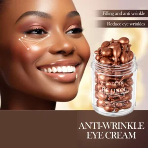 SADOER Retinol Eye Serum Capsules jar beside a woman with smooth, brightened under-eye skin.