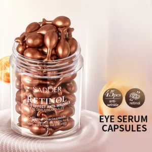 Jar of SADOER Retinol Eye Serum Capsules with copper-colored, anti-wrinkle, single-use serum pods.