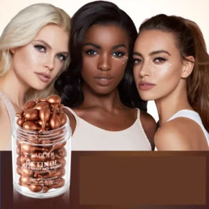 SADOER Retinol Eye Serum Capsules jar with three women demonstrating under-eye firming and anti-wrinkle effects.