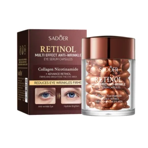 SADOER Retinol Eye Serum Capsules jar and box featuring collagen, niacinamide, and advance retinol.