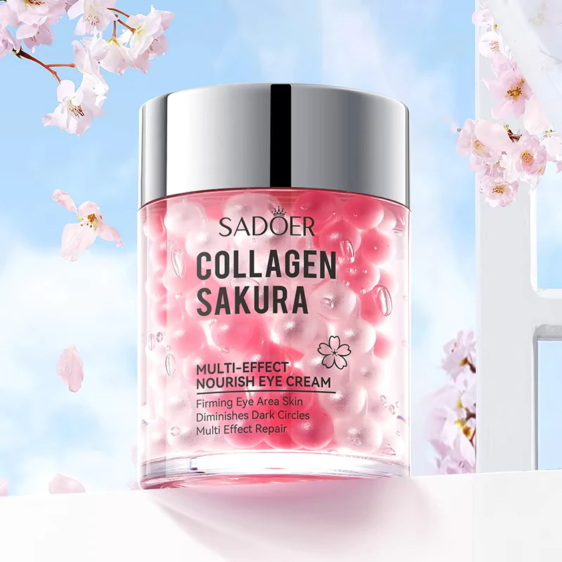 Infographic of SADOER Sakura Collagen Eye Cream, highlighting key ingredients like sakura and glycerin.