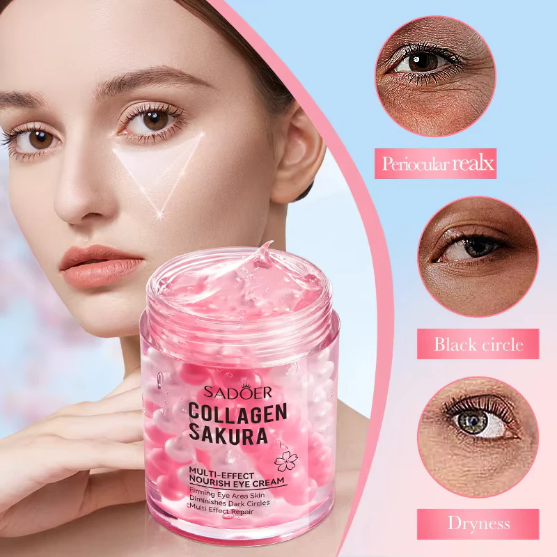 SADOER Sakura Collagen Eye Cream jar with pink gel beads and before-and-after skin results.