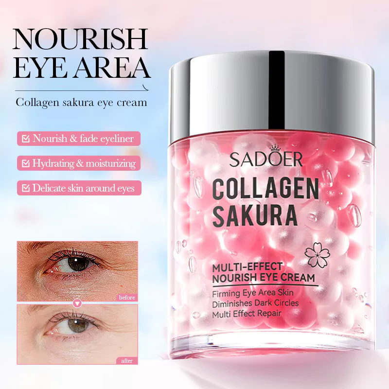 SADOER Sakura Collagen Eye Cream jar showing gel texture and before-and-after results for fine lines.