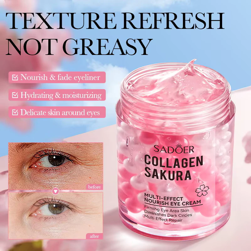 SADOER Sakura Collagen Eye Cream jar featuring pink nourishing spheres and cherry blossom accents.