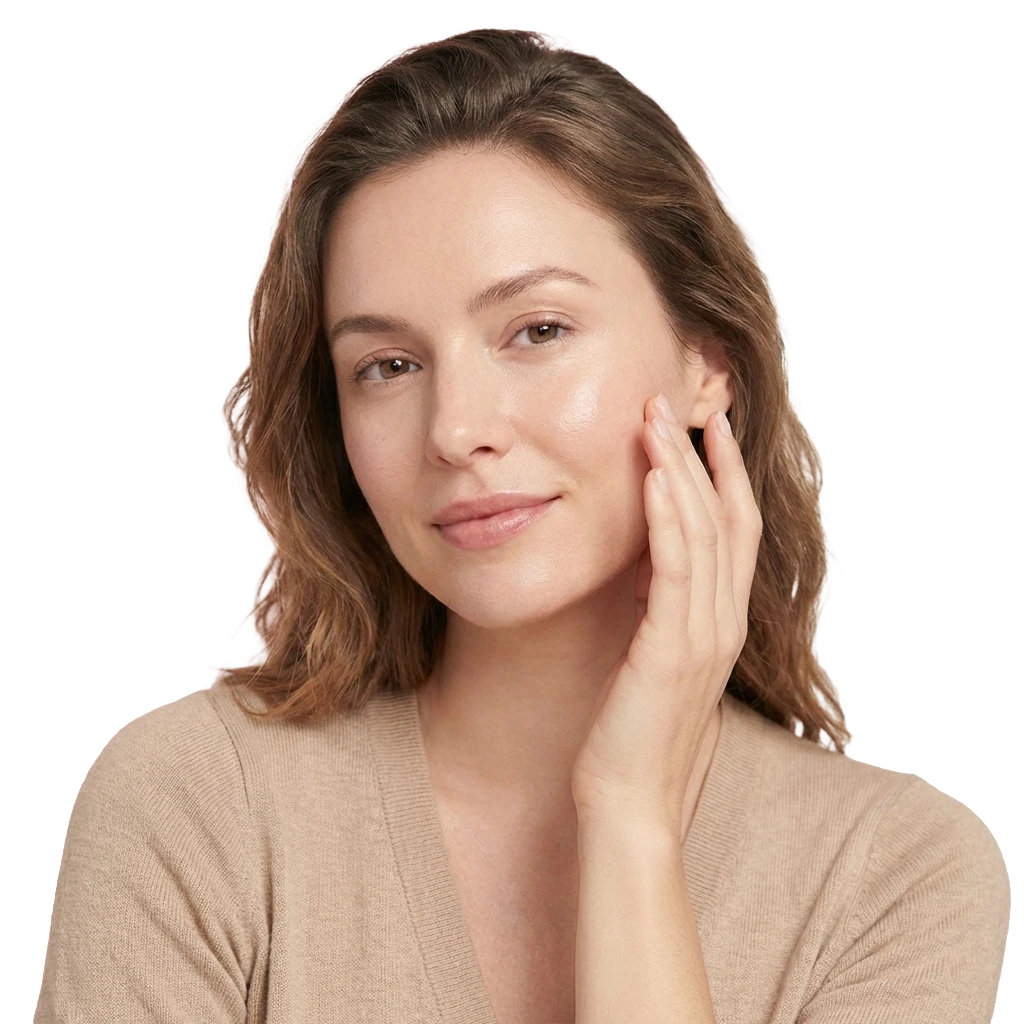 Close-up of a woman with glowing, healthy skin gently touching her face, representing hydration and radiance from SADOER Skincare products.
