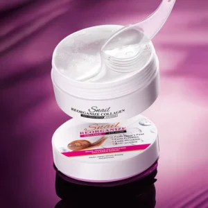 SADOER Snail Collagen Eye Mask Patches open jar with clear gel patches and applicator spatula.