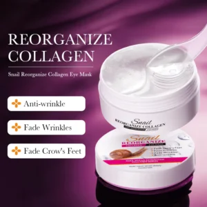 Open jar of SADOER Snail Collagen Eye Mask Patches highlighting anti-wrinkle and firming benefits.