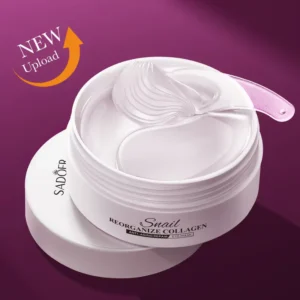SADOER Snail Collagen Eye Mask Patches in an open jar with translucent gel pads.