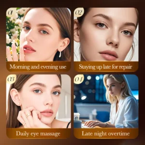 Collage showing SADOER Snake Venom Peptide Eye Cream usage for morning, evening, and late-night repair.